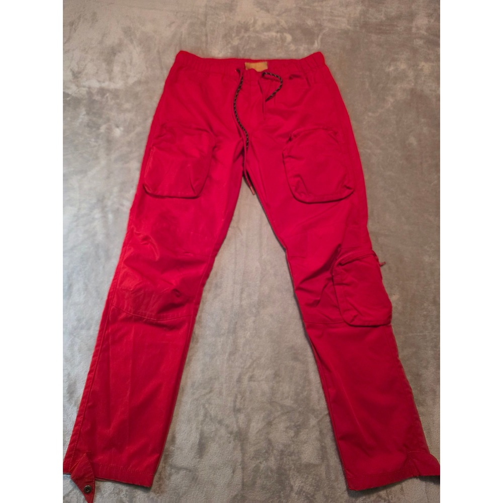 Grindhouse Denim Cargo Pants Mens L Red Jogger Drawstring Ankle Snap Straps